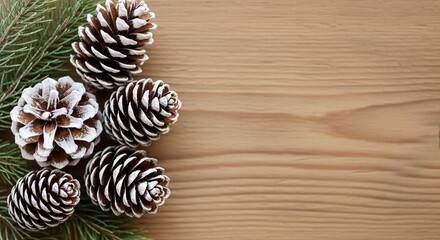 frosted pine cones with artificial snow effect, on rustic wooden board
