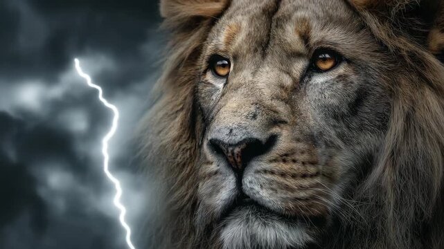 Fierce lion with lightning background