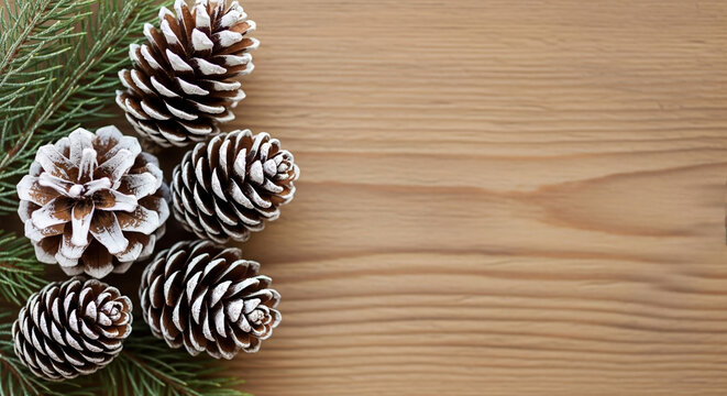 frosted pine cones with artificial snow effect, on rustic wooden board