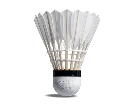 Close-up shot of a white badminton shuttlecock isolated on a clean white background