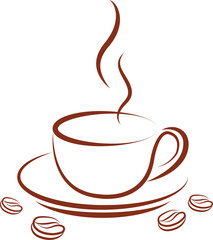 Steaming Coffee Cup Line Art, A simple yet stylish line art illustration of a steaming cup of coffee, accompanied by a few scattered coffee beans