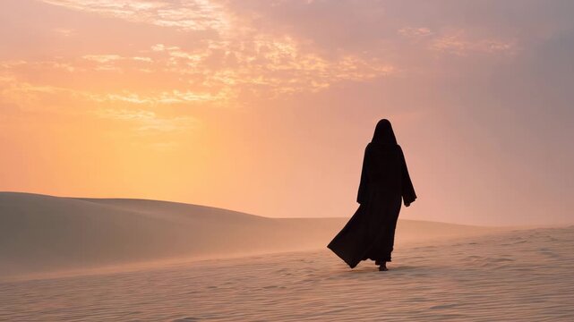 Ultra HD A solitary figure in a black abaya walks across the undulating sand dunes at sunset, creating a serene and captivating scene in the vast desert landscape