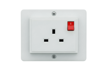 White uk electrical power outlet with red power switch on/off isolated on transparent background