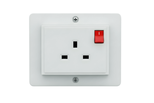 White uk electrical power outlet with red power switch on/off isolated on transparent background