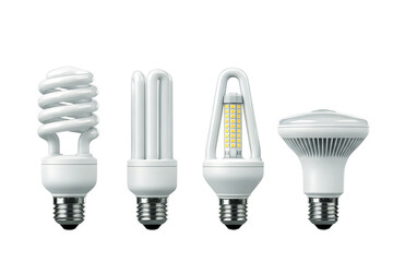 Evolution of energy-efficient light bulbs: cfl and led technology isolated on transparent background
