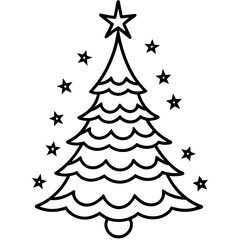 Christmas tree with stars in line art drawing