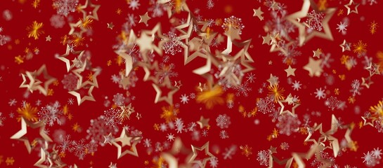 Christmas background with golden stars and snowflakes on a vibrant red backdrop perfect for holiday designs and seasonal greetings.