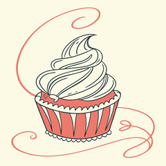 Illustration of a delicious cupcake with white frosting and pink wrapper