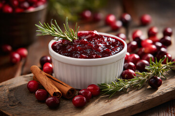 Cranberry sauce with fresh cranberries and cinnamon sticks.
