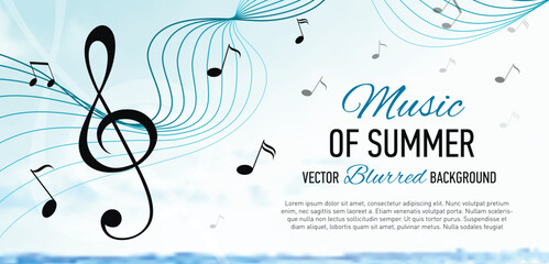 Abstract summer music banner with blurred seascape background, treble clef, musical notes and curved staff ribbon. Soft light, bokeh, warm tones, harmony and creativity concept.