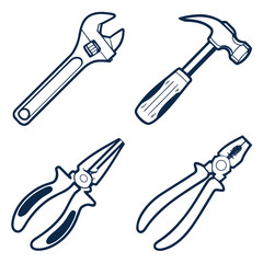 Hand tools set isolated on including wrench, hammer and pliers