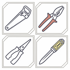 Hand tools icons set, including saw, pliers, nippers, and screwdriver
