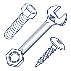 Illustration of fasteners and wrench isolated on