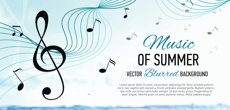 Abstract summer music banner with blurred seascape background, treble clef, musical notes and curved staff ribbon. Soft light, bokeh, warm tones, harmony and creativity concept.