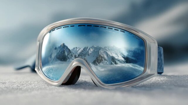 Close-up of ski goggles reflecting snow-covered mountain peaks, winter sports atmosphere.
