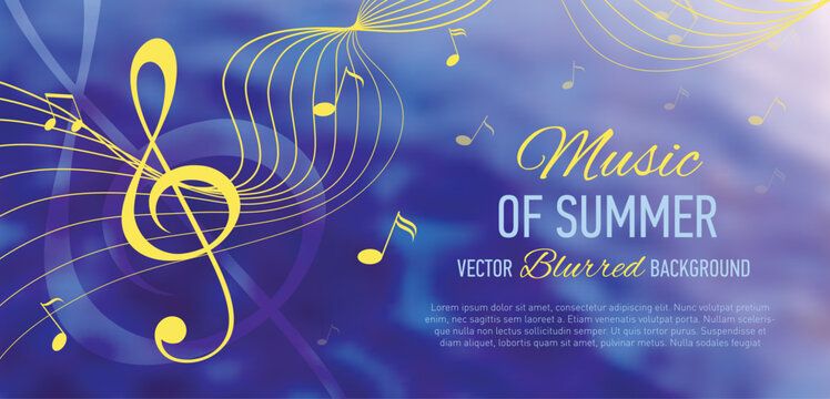 Abstract summer music banner with blurred seascape background, treble clef, musical notes and curved staff ribbon. Soft light, bokeh, warm tones, harmony and creativity concept.