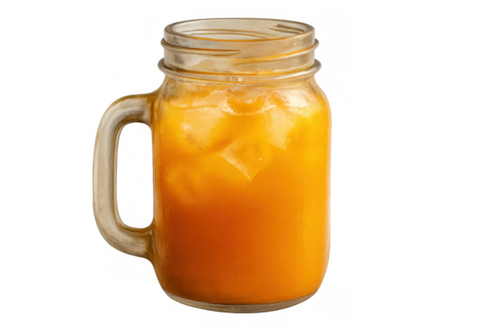 Refreshing orange mango juice with ice in mason jar mug on transparent background, chilled natural fruit beverage