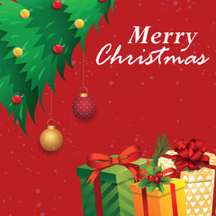 Merry Christmas With Christmas Tree Gifts Box Hanging Ball Decoration Elements Vector Background