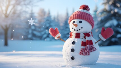 Cute snowman with red hat and gloves in snowy winter landscape with falling snowflakes
