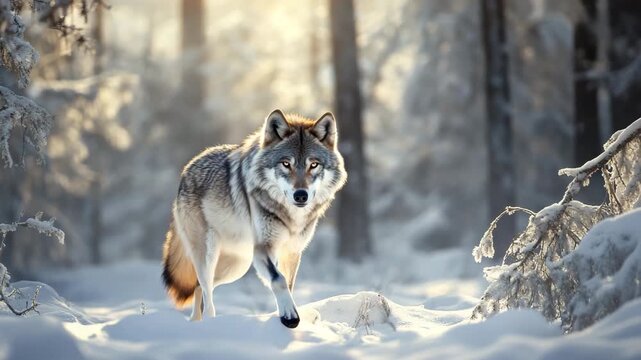 Wild wolf standing in snowy forest