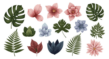 Naklejka premium A collection of lush green leaves and delicate pink blue and red flowers.