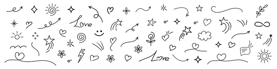 Minimal Line Art, Hand drawn sketch Heart, Star, Arrow, Flower Doodles, Cute Emphasis Graphic Elements Illustration