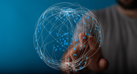 Human hand touching a digital sphere with connected dots, representing global networking, technology, and future concepts. Suitable f