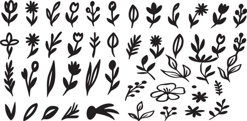 Flower brush hand drawn vector set. Hand drawn doodle flower, floral leaf elements in brush stroke ink style. Simple abstract botanical silhouette set for nature black paint art. Vector illustration