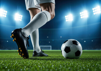 Soccer player in action on a stadium field at night. Close-up of player's legs and football on the grass pitch under bright floodlights.