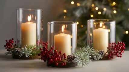 Three lit pillar candles in glass hurricanes decorated with pine branches red berries and pine cones with a blurred christmas tree background - Powered by Adobe