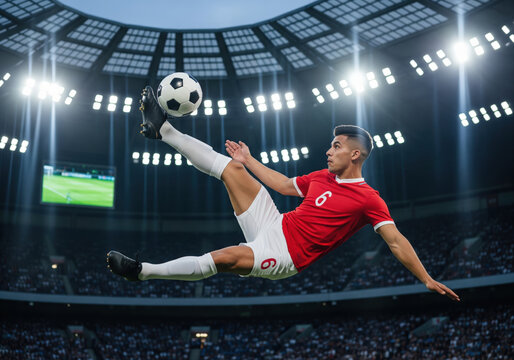 Professional soccer player performs a spectacular bicycle kick in a crowded stadium during a night match.