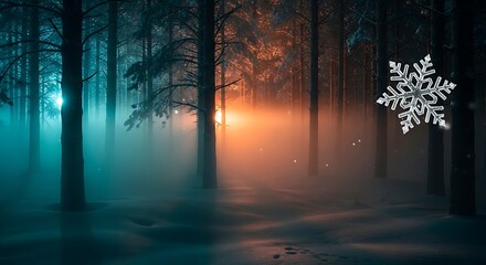 Mystical winter forest with glowing sunset and snowflake