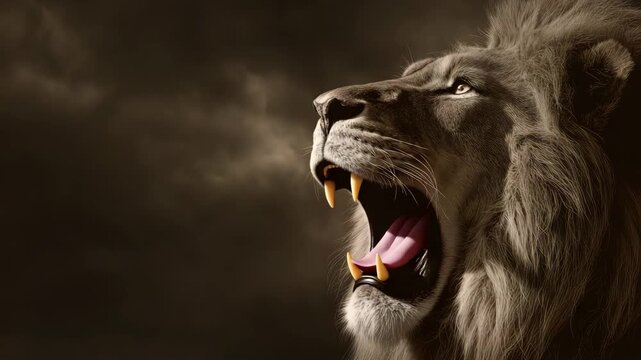 Roaring lion under stormy sky