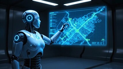 A futuristic robot points at a glowing holographic map displaying a city layout in a dark control room. - Powered by Adobe