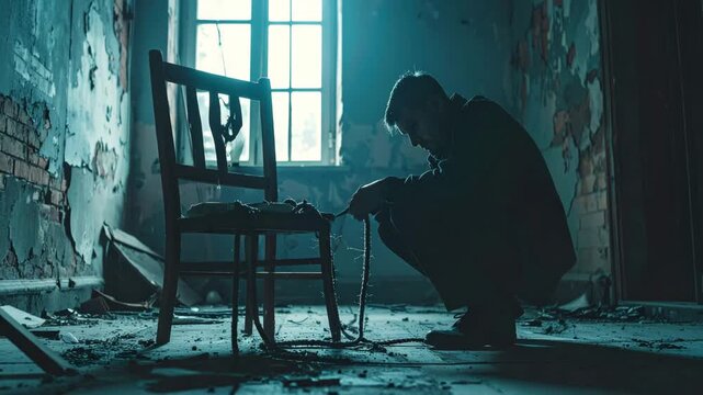 Detective examining a rope tied to a wooden chair in a dark abandoned room, investigating a crime scene.