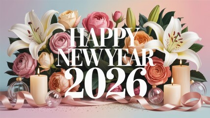 Happy new year 2026 elegant floral design, with lit candles