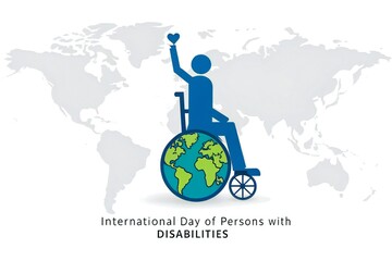Person in wheelchair holding heart symbol above globe, celebrating global inclusion and awareness.