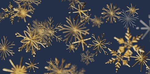 Abstract design of golden snowflakes floating against a deep blue backdrop for winter holidays,...