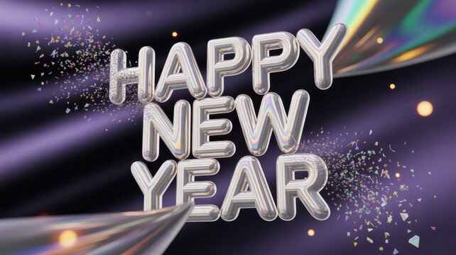 Happy new year" holographic balloon letters with confetti blast