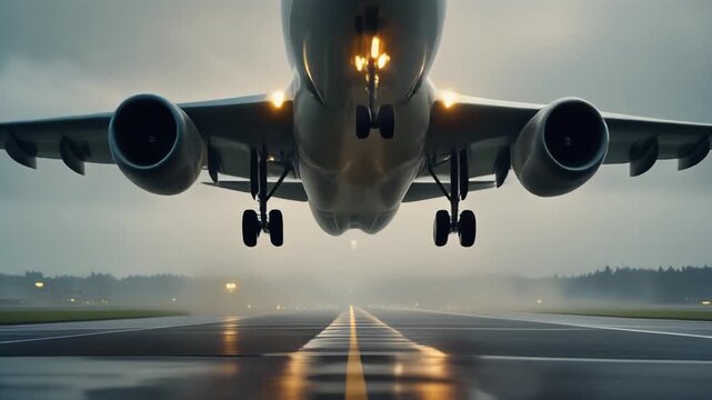 Aviation Ascent: Capturing the powerful takeoff of an airplane, ascending into the heavens with the runway beneath and a moody atmosphere.