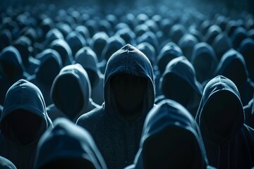 Obraz premium Anonymous crowd wearing hoodies hiding faces representing data security and privacy