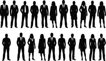 Business people silhouettes, corporate attire icons, professional posture set, office team diversity, formal dress figures, flat vector illustration