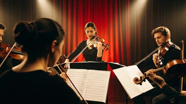 Orchestra Performing Classical Music on Stage with Red Curtains.