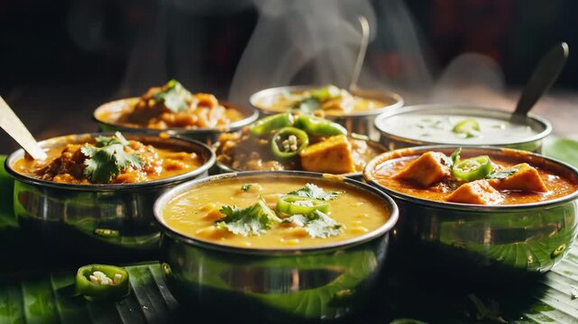 A vibrant spread of steaming Indian curry dishes and lentil dal served in traditional metal bowls over banana leaves
