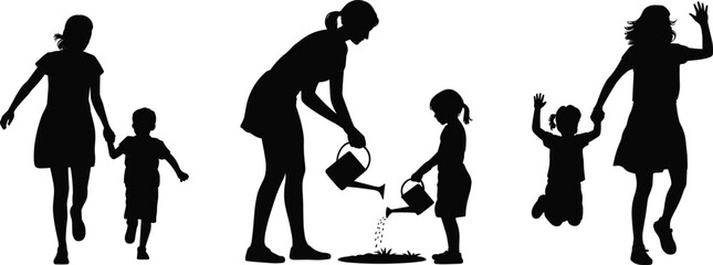Silhouette family walking and gardening, parent and children outdoors, watering plants, playful kids jumping, happy childhood moments illustration