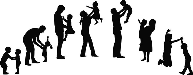 Silhouette family parents playing with children, joyful interaction, loving childcare moments, happy bonding, uplifting parental affection illustration