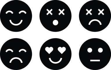 Collection of six black silhouette emoticon faces showing various emotions and expressions on white background