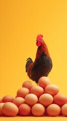 Golden rooster eggs yellow background poultry. For farming, agriculture, poultry, product, food, natural, organic content.	
