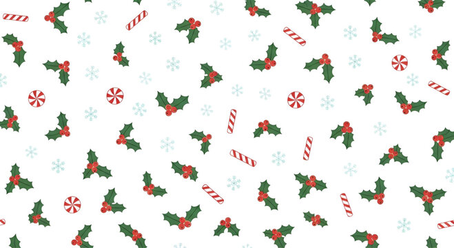 Christmas seamless pattern background with holly candy and snowflakes