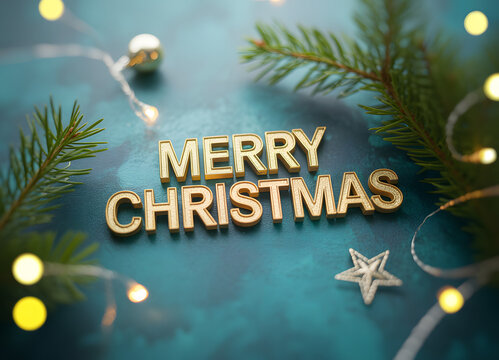 Golden merry christmas text with festive fairy lights and evergreen branches on a dark background